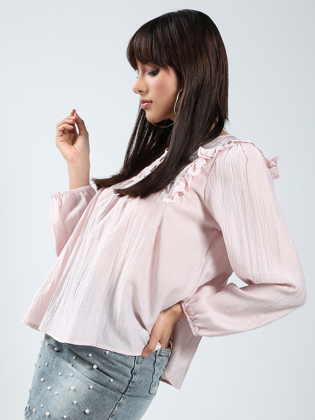 Blush Pink Cotton Nylon Ruffled Button-Front Top