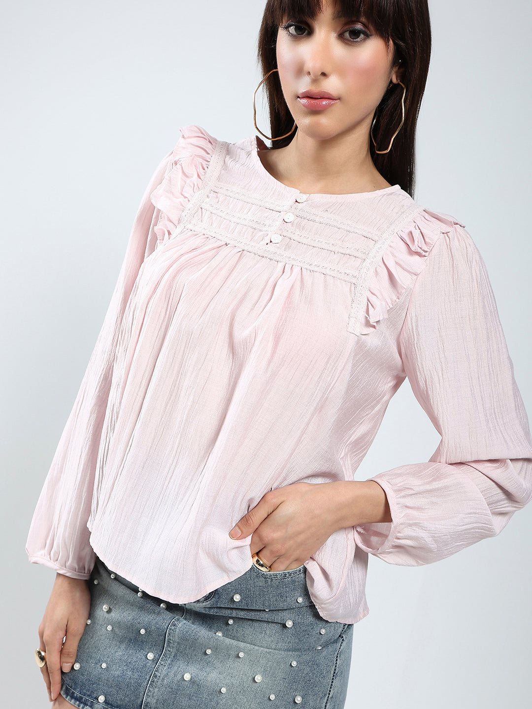 Blush Pink Cotton Nylon Ruffled Button-Front Top