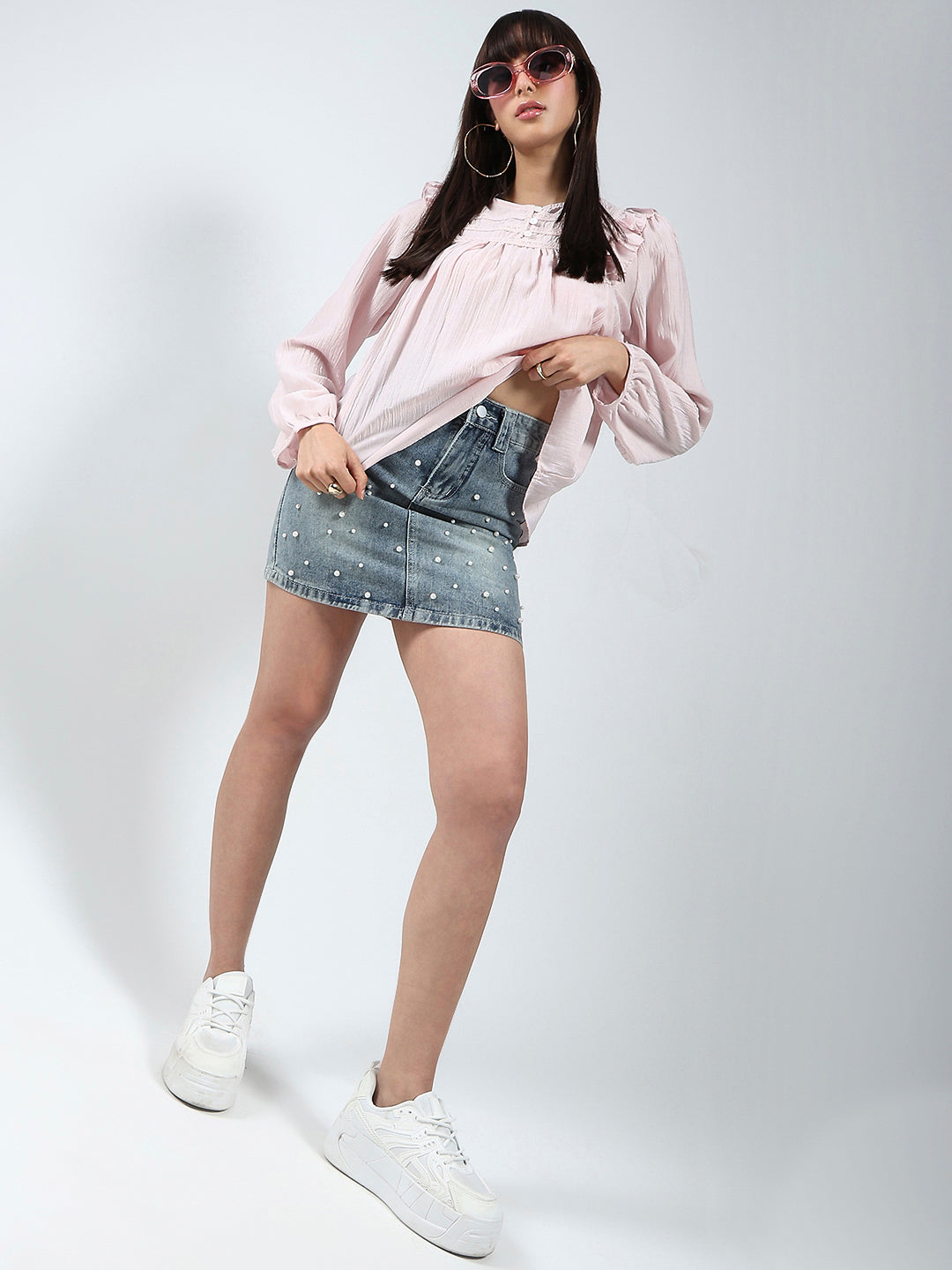 Blush Pink Cotton Nylon Ruffled Button-Front Top