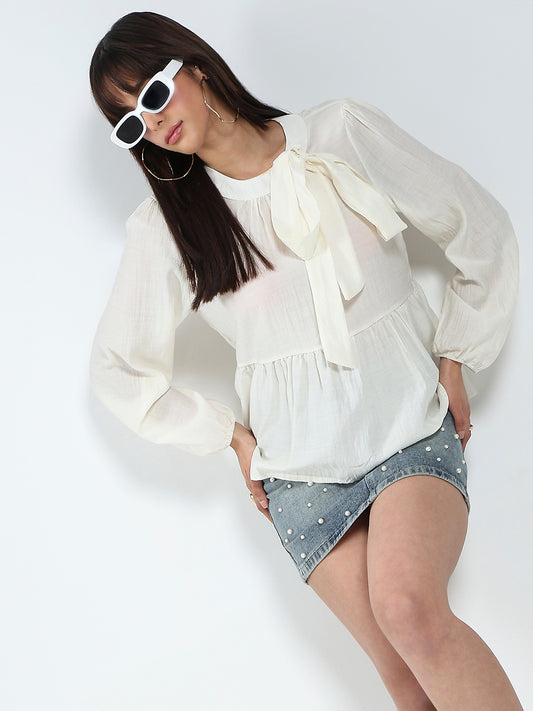 Offwhite Bow Tie Peplum Stylish Long Sleeve Top