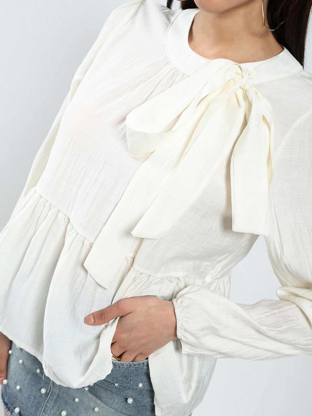 Offwhite Bow Tie Peplum Stylish Long Sleeve Top