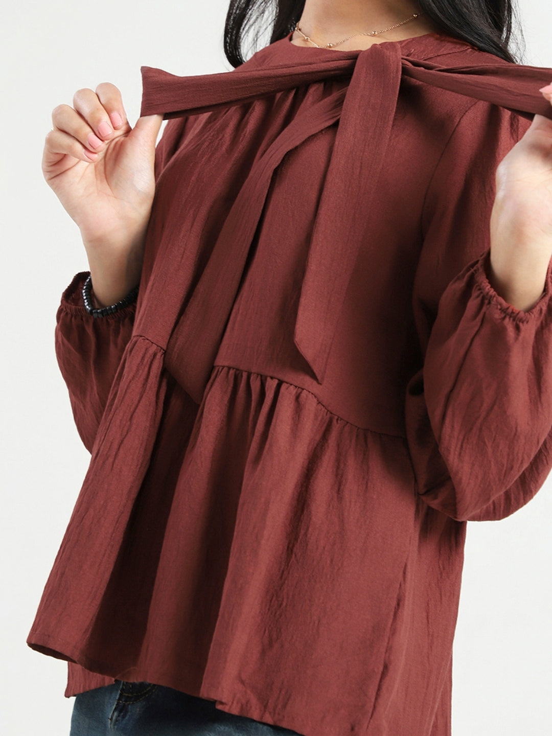 Rust Bow Tie Peplum Stylish Top