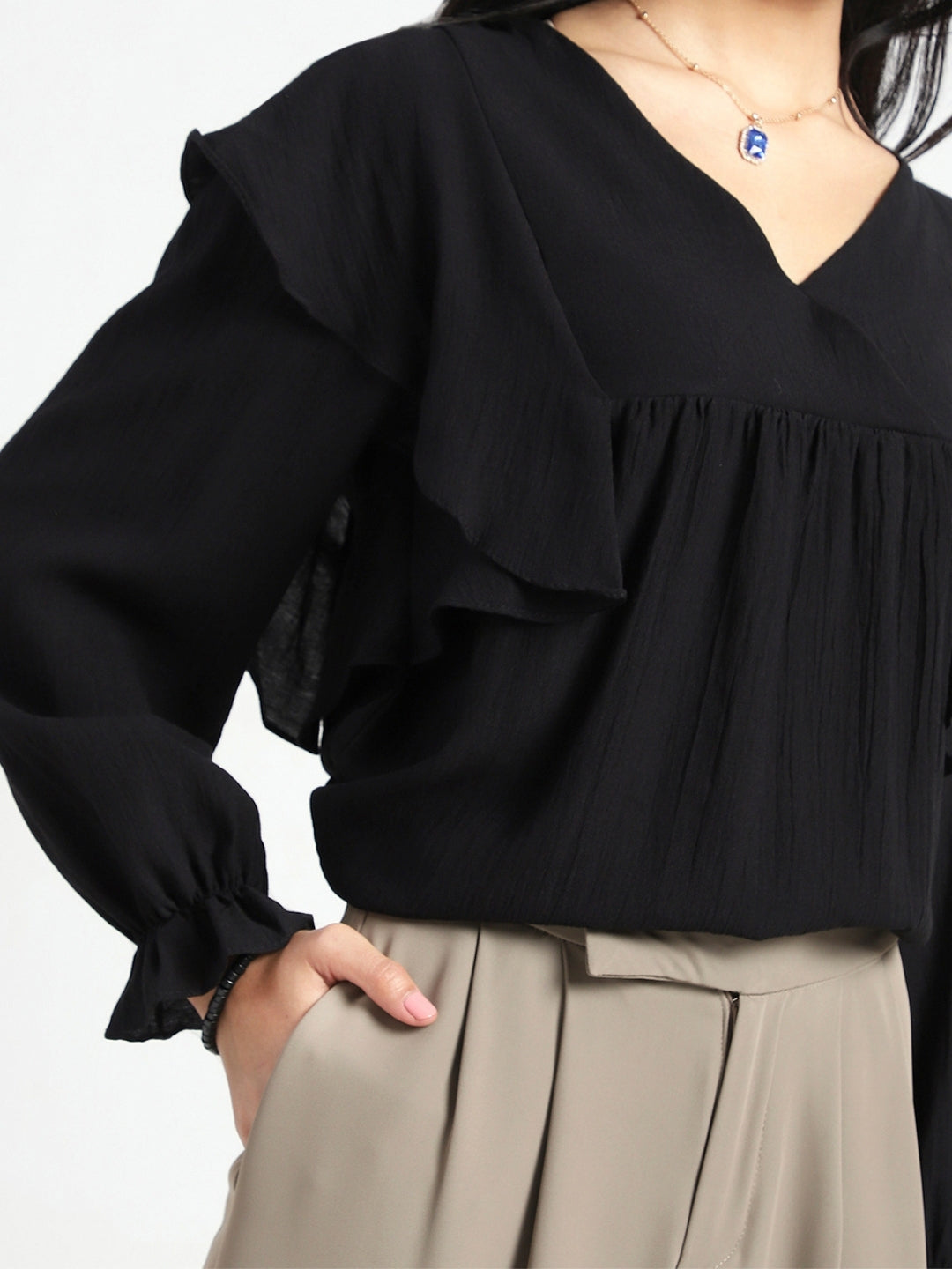 Black Cotton Nylon Ruffle Top