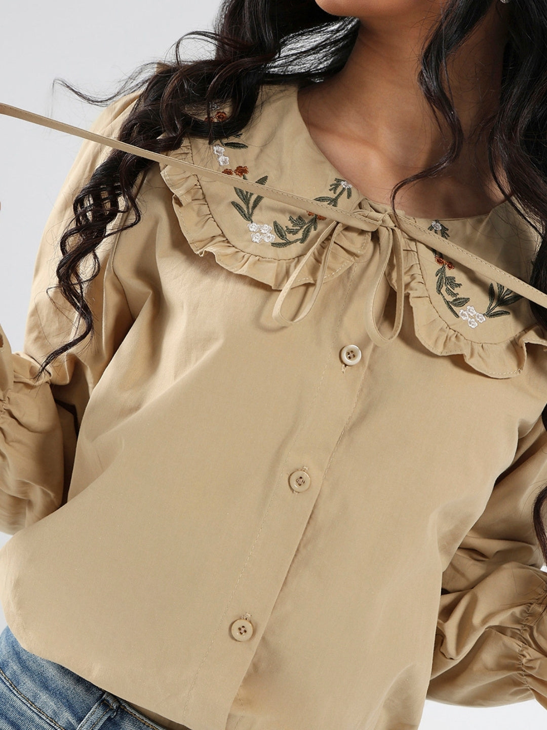 Beige Embriodered Peter Pan Collar OverSize Shirt with Floral Lace