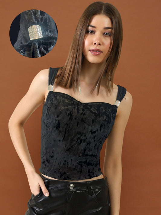 Black Velvet Sleeveless Party Top with Stylish Strap Detailing – Trendy Women’s Evening Wear