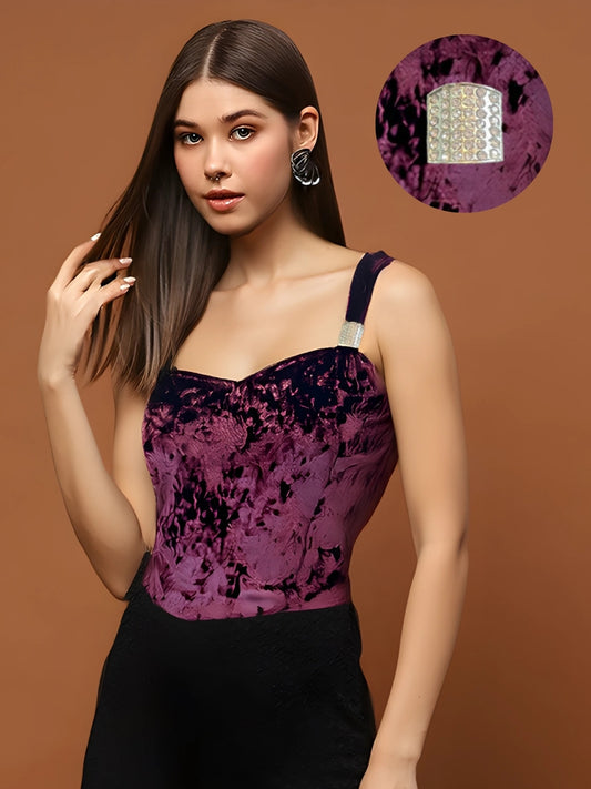 Plum Velvet Crop Top with Embellished Straps – Stylish Party Wear Top for Women
