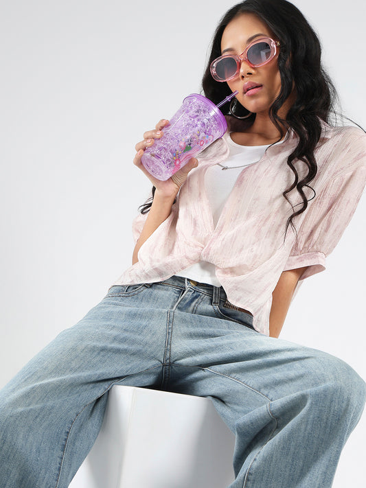 Pink Tencel Nylon Oversized Shirt with tank top and Necklace