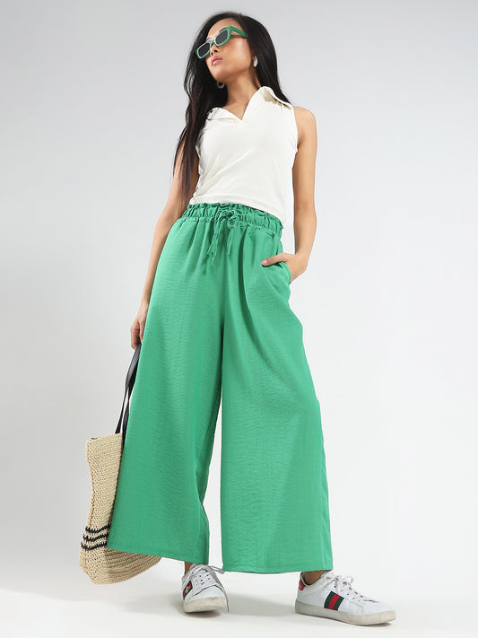 Green Cotton Nylon Wide Leg Casual Trouser