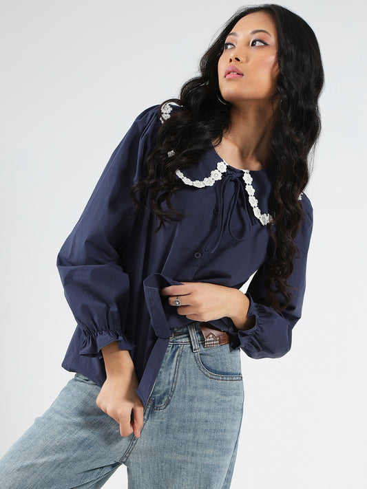 Navy Peter Pan Collar OverSize Shirt with Floral Lace