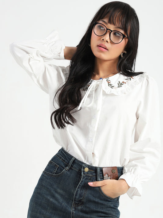 White Embriodered Peter Pan Collar OverSize Shirt with Floral Lace