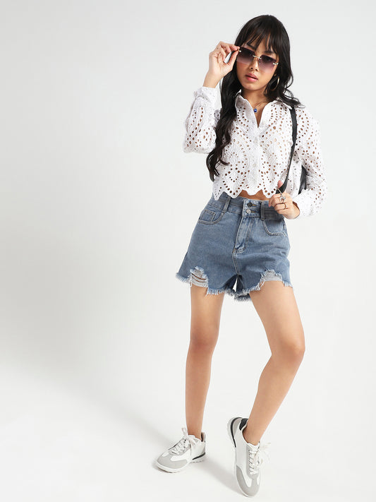 High Rise Distressed Denim Shorts