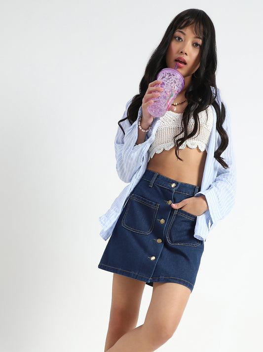 Stylish Button Front Denim Mini Skirt