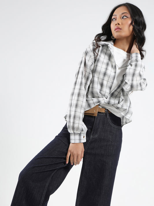 White Grey Checkered Oversized Shirt with tank top and necklace