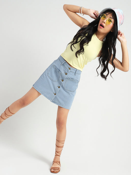 Stylish Button Front Denim Mini Skirt