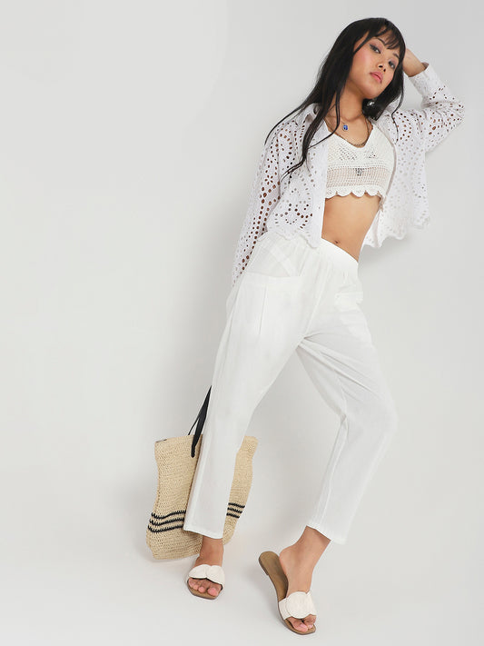 White Cotton Nylon Stylish Casual Trouser