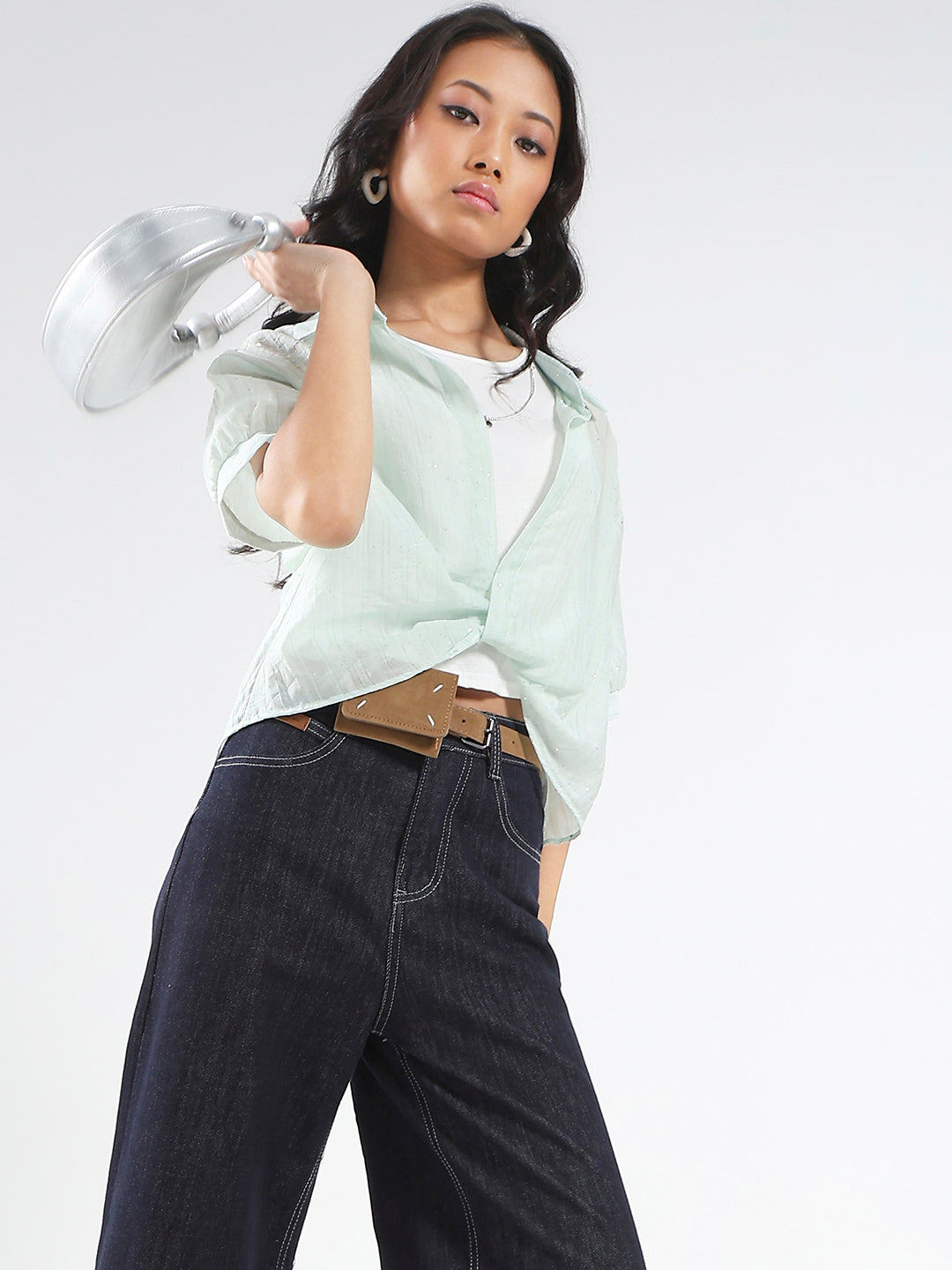 Tencel Nylon Studded Oversized Shirt with tank top and necklace