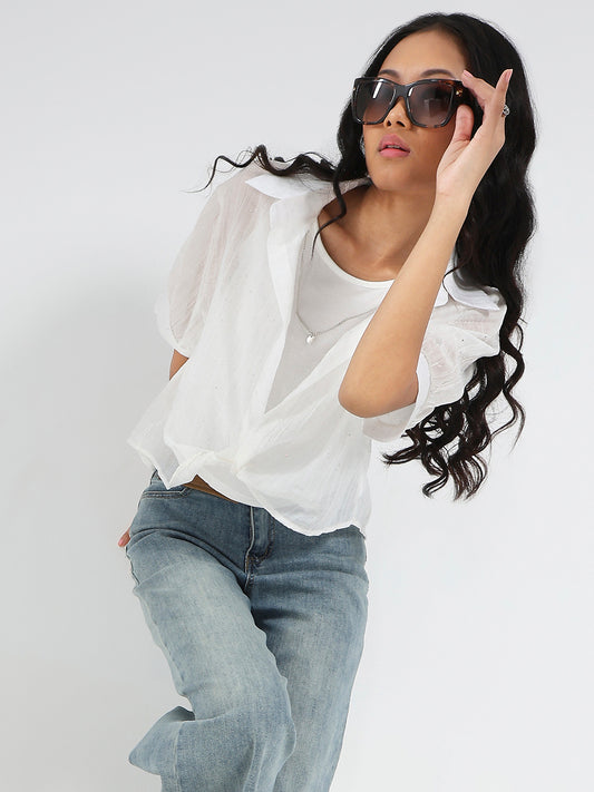 Tencel Nylon Studded Oversized Shirt with tank top and necklace