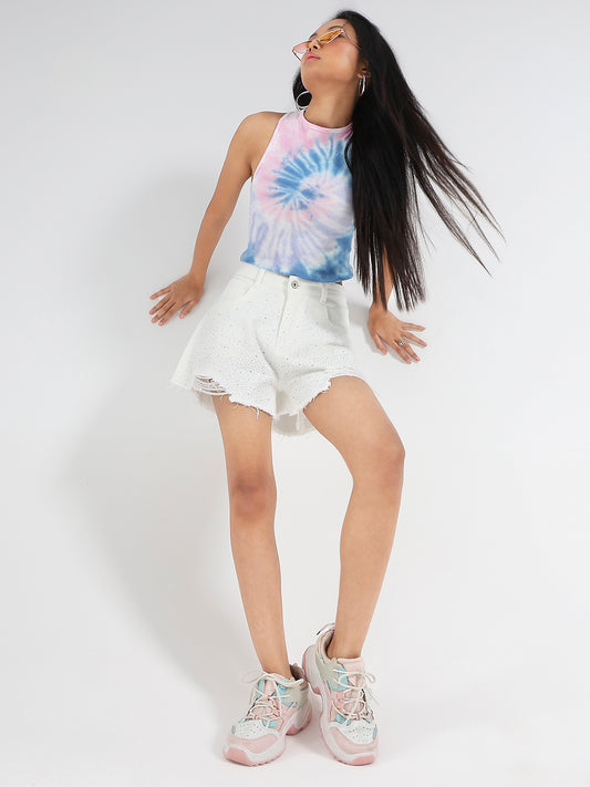 Studded Denim Frayed Shorts
