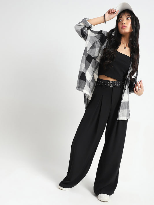 Korean High Rise Pleated Wide Leg Trouser with Belt