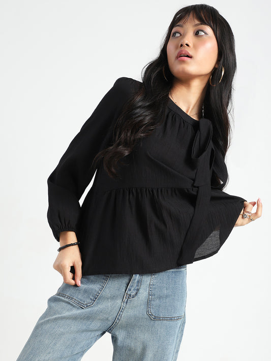 Black Bow Tie Peplum Stylish Long Sleeve Top
