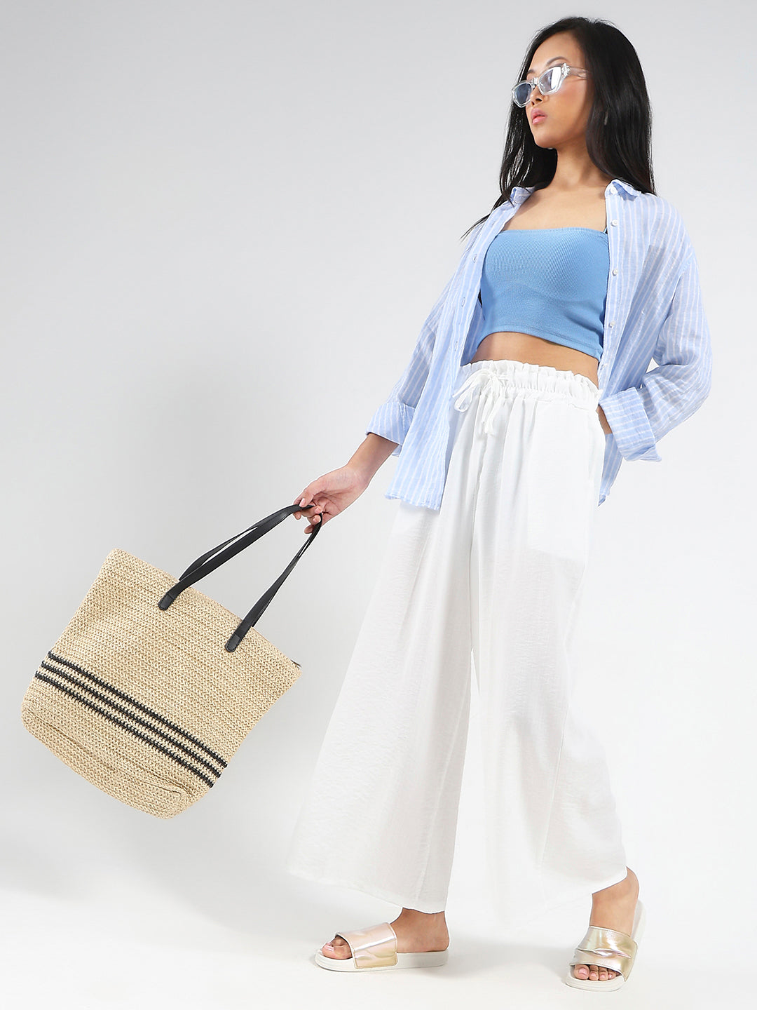 White Cotton Nylon Wide Leg Casual Trouser