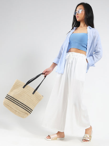 White Cotton Nylon Wide Leg Casual Trouser