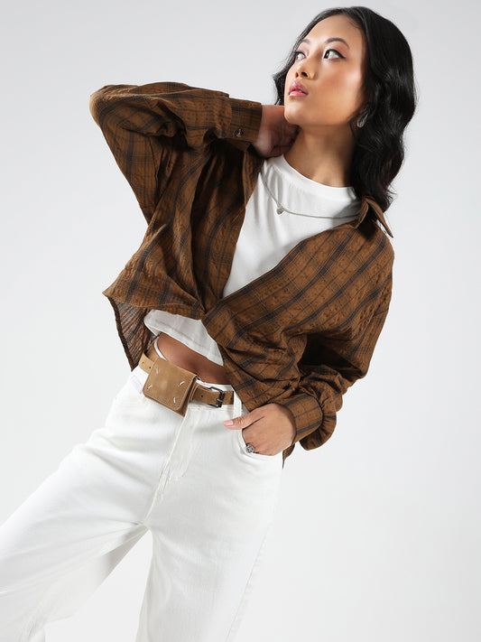 Brown Checkered Oversized Shirt with tank top and necklace