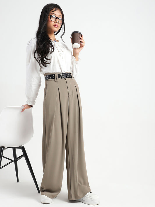 Korean High Rise Pleated Wide Leg Trouser with Belt