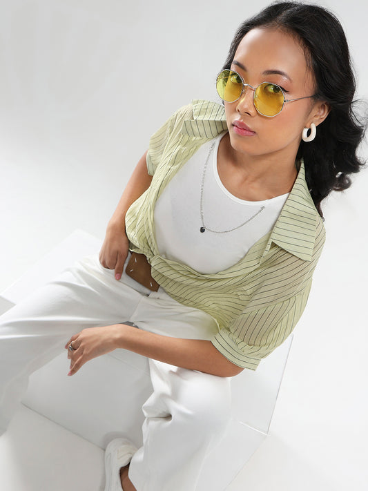 Light Green Striped Oversized Top with inner tank top and necklace