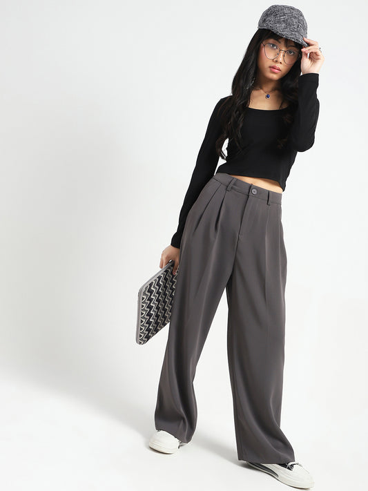 Korean High Rise Pleated Wide Leg Trouser with Belt