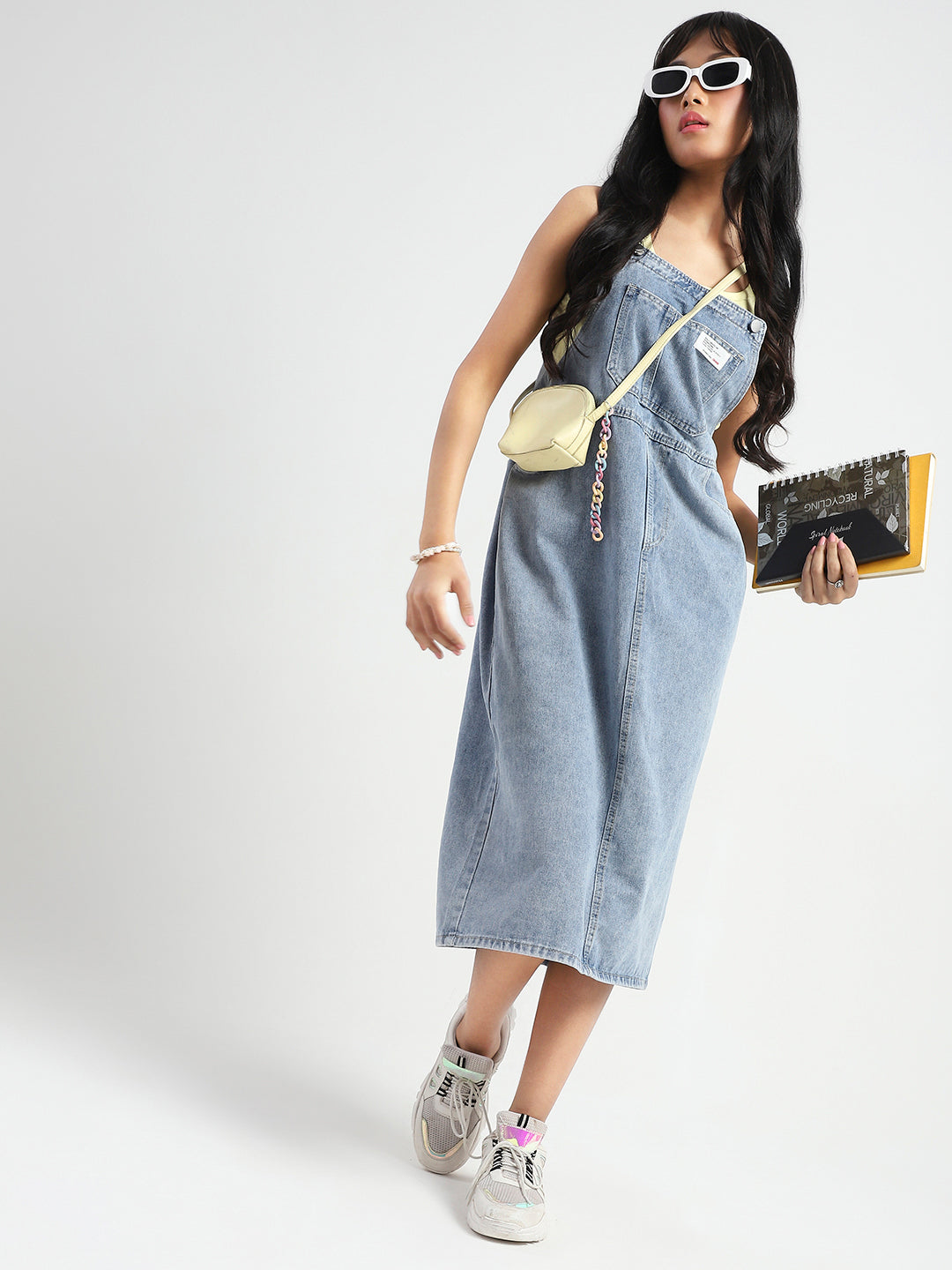 Women Blue back slit Midi Dungaree