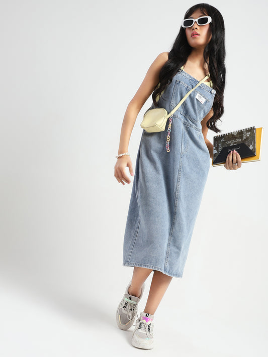 Women Blue back slit Midi Dungaree