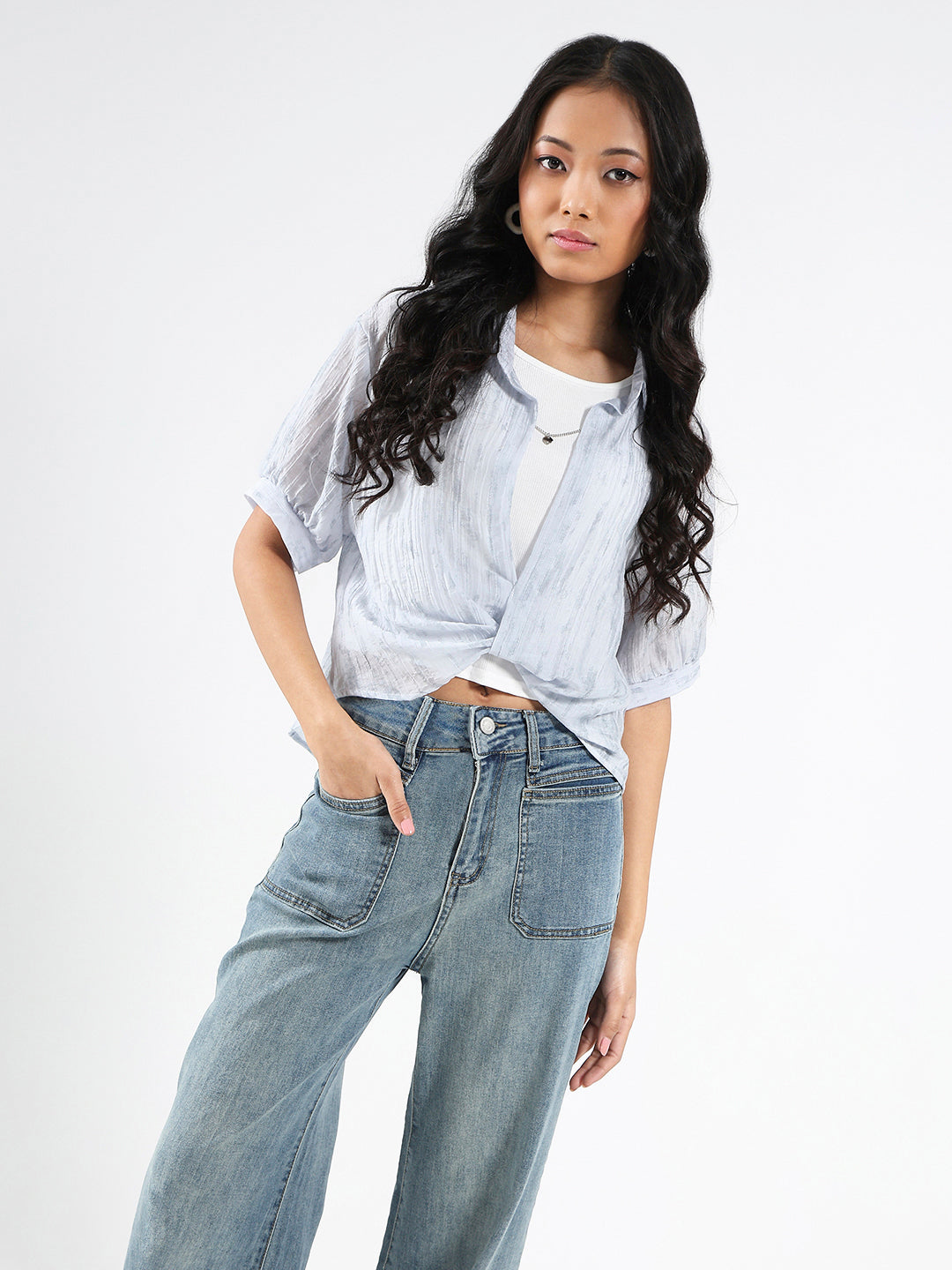 Light Blue Tencel Nylon Oversized Shirt with tank top and Necklace