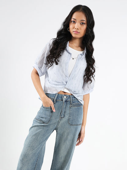 Light Blue Tencel Nylon Oversized Shirt with tank top and Necklace