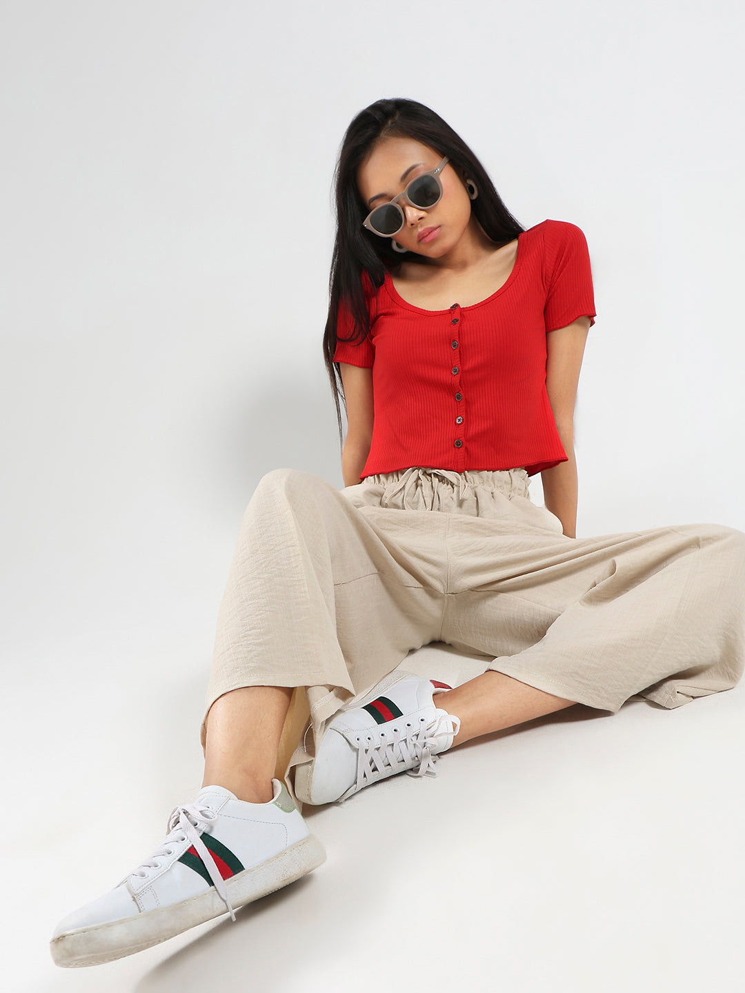 Beige Cotton Nylon Wide Leg Casual Trouser