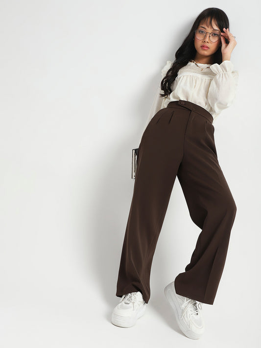 Korean Dark Brown High Rise Pleated Trouser
