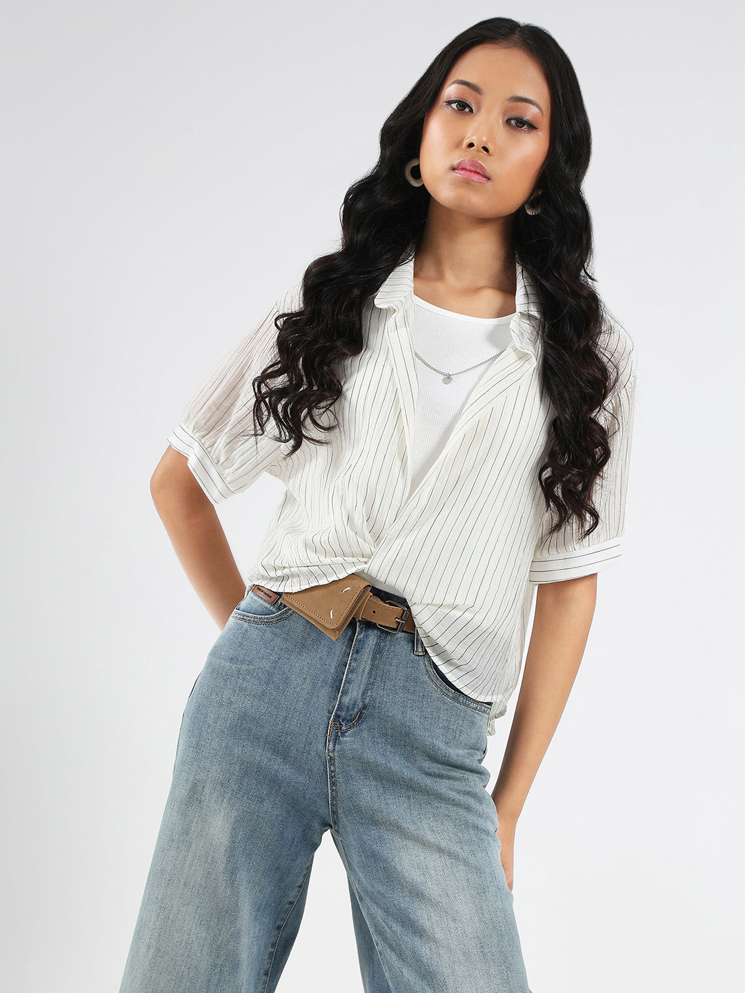 Off white Striped Oversized Top with inner tank top and necklace
