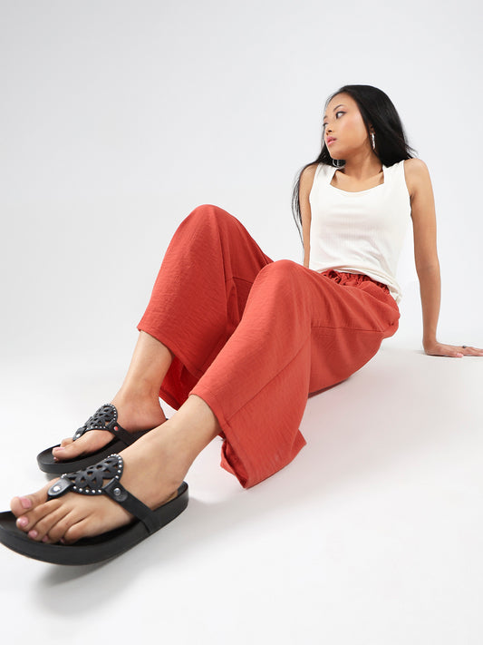Rust Cotton Nylon Wide Leg Casual Trouser