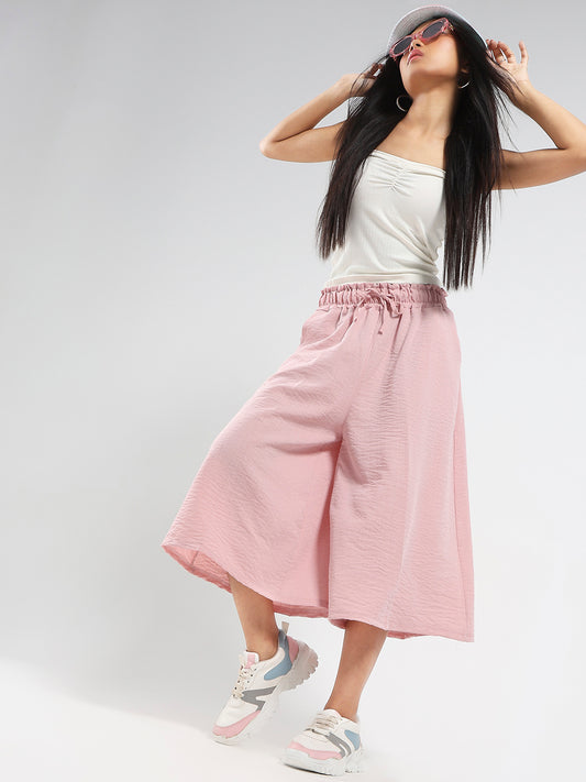 Pink Cotton Nylon Wide-Leg High-Waist Capris