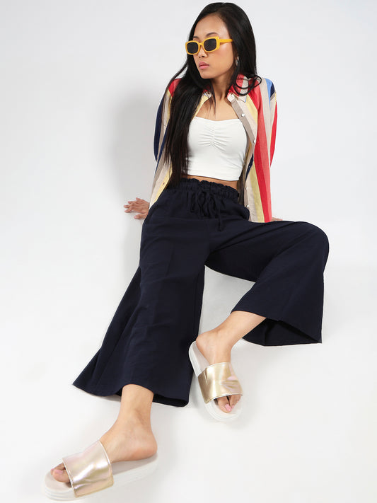 Navy Blue Cotton Nylon Wide Leg Casual Trouser