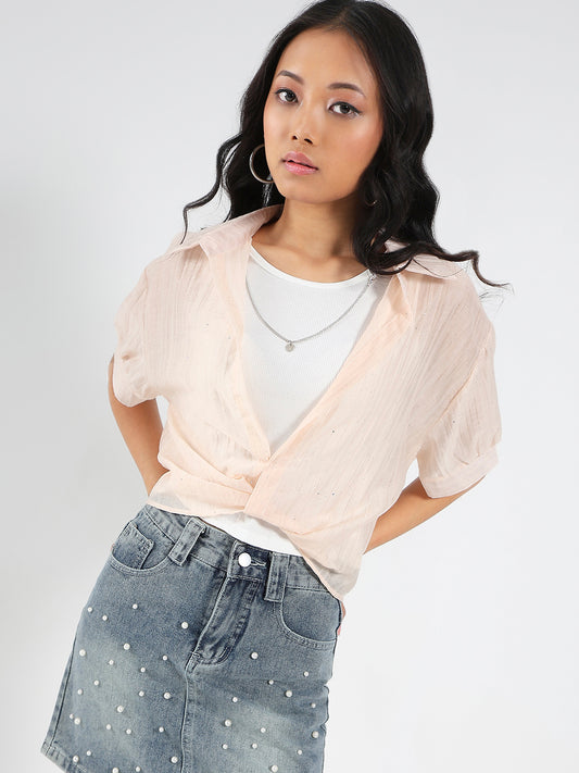 Tencel Nylon Studded Oversized Shirt with tank top and necklace