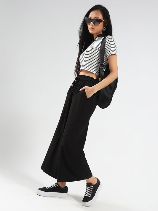 Black Cotton Nylon Wide Leg Casual Trouser