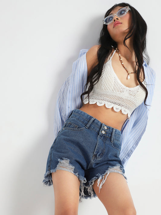 High Rise Distressed Denim Shorts