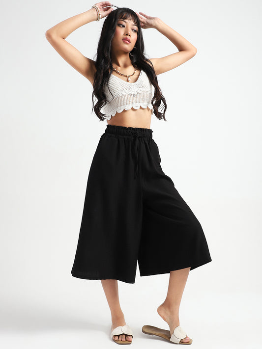 Black Cotton Nylon Wide-Leg High-Waist Capris