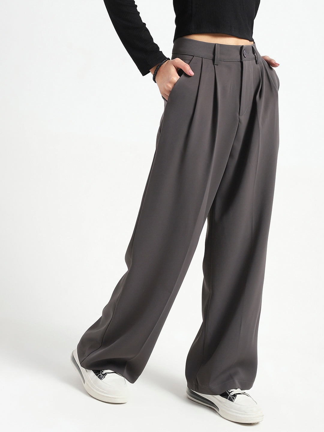 Korean High Rise Pleated Wide Leg Trouser with Belt