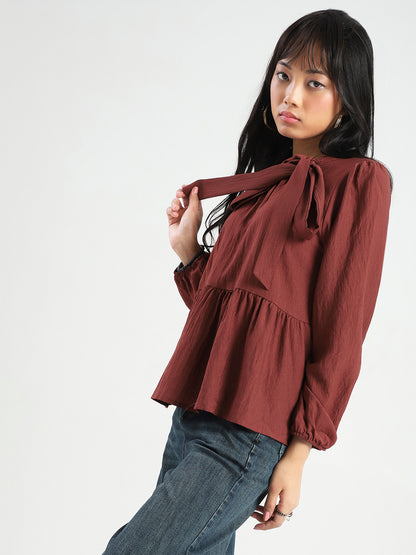 Rust Bow Tie Peplum Stylish Top