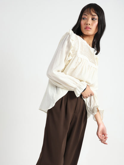 Off-White Pleated Yoke Ruffle Top