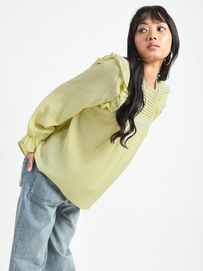 Lime Green Pleated Yoke Ruffle Top
