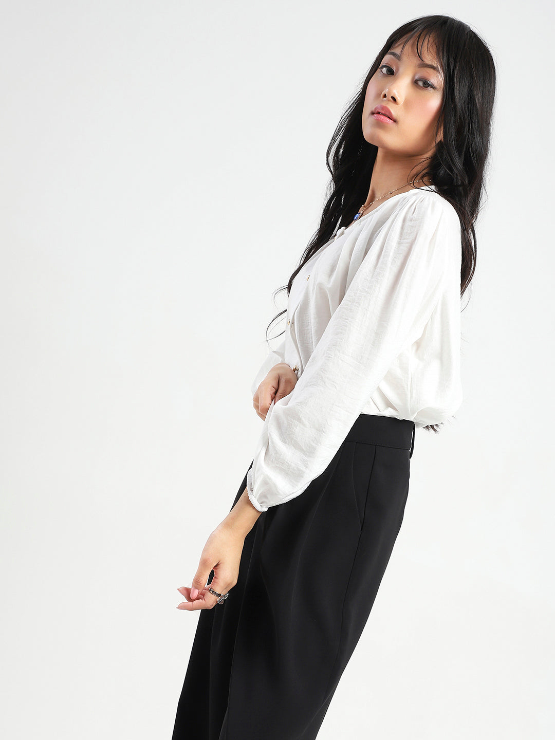 White Cotton Nylon Puff Sleeve Top