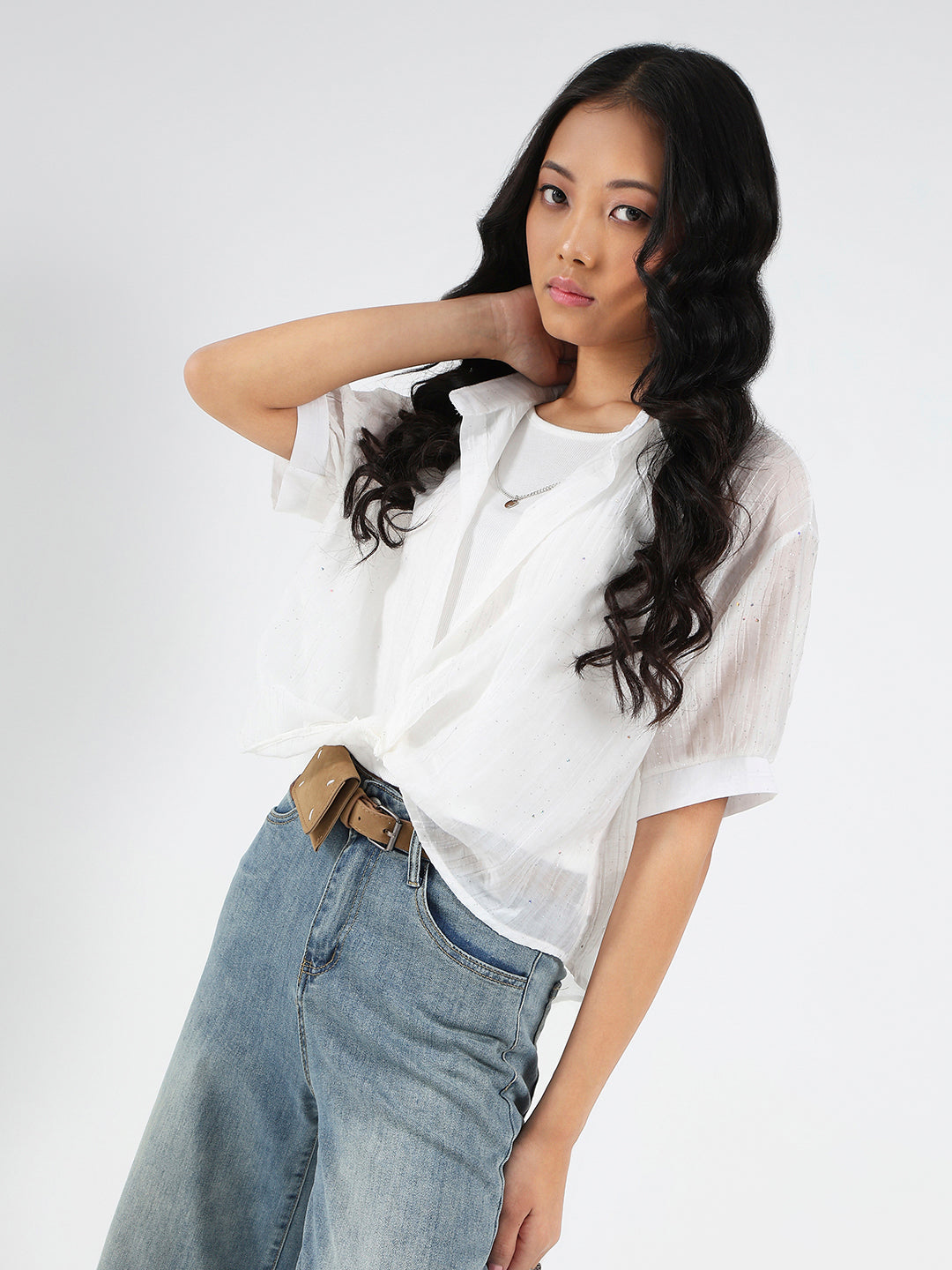 Tencel Nylon Studded Oversized Shirt with tank top and necklace
